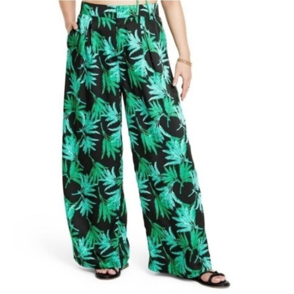 FE Noel Target Palm Leaf Print Wide Leg Pants Women's XL Black Green Tropical